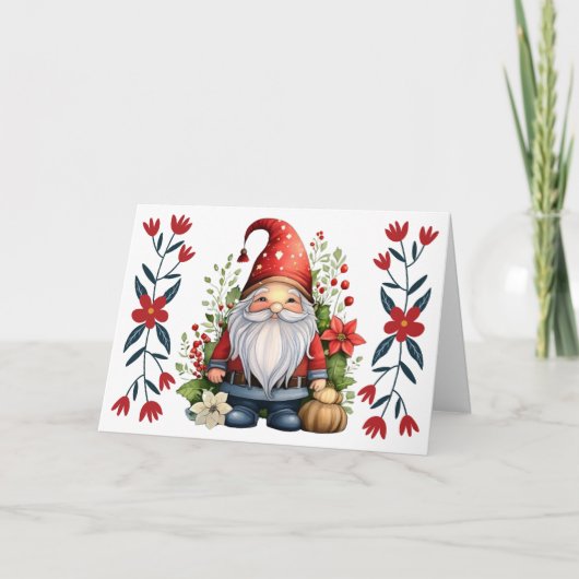 Carte de Noël blanche Gnome & Florals de Père Noël (Devant)