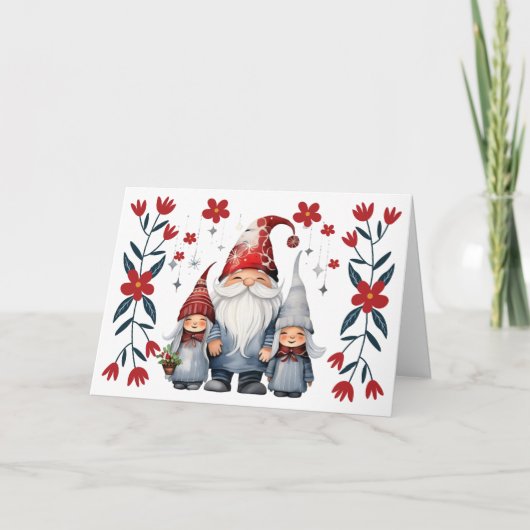 Carte de Noël blanche Gnome & Florals de Père Noël (Devant)