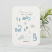 Carte de Noël bleu Léopard de neige Meowy (Debout devant)