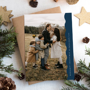Carte de Noël bleu moderne simple ondulé deux phot