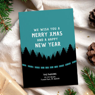 Carte de Noël bleue avec des pins de style rétro