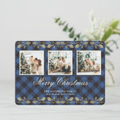 Carte de Noël Blue Plaid Gold Holly 3 Photo Joyeux (Debout devant)