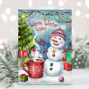 Carte de Noël bonhomme de neige avec vœux chaleure