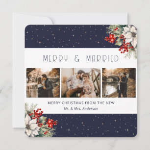 Carte de Noël botanique bleue pour jeunes mariés