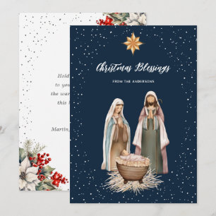 Carte de Noël botanique chrétienne Nativité Bleue