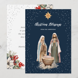 Carte de Noël botanique chrétienne Nativité Bleue