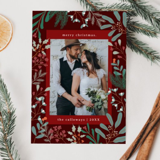 Carte de Noël Botanique Rouge Photo Holiday