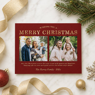 Carte de Noël Budget Rouge Or Deux Photos Joyeux N