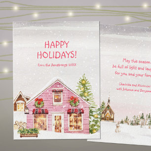 Carte de Noël Cabane Rose Aquarelle