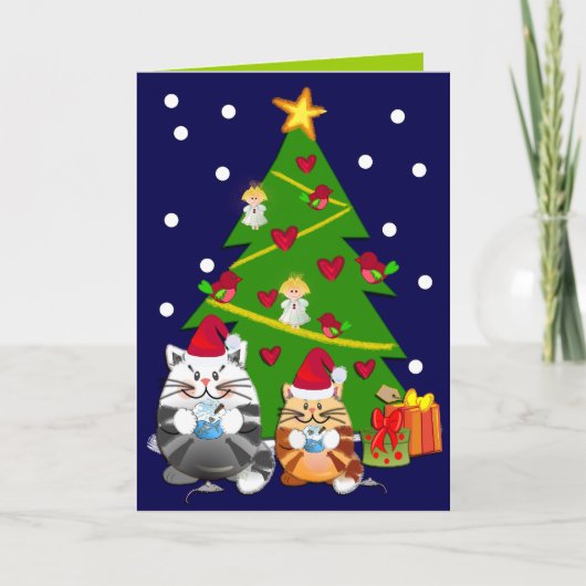 Carte de Noël Cartoon mignonne avec arbre et chats (Devant)