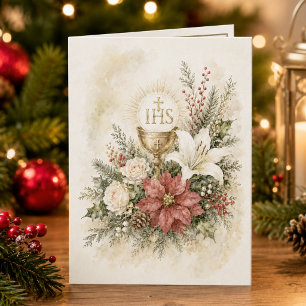 Carte de Noël catholique eucharistique florale