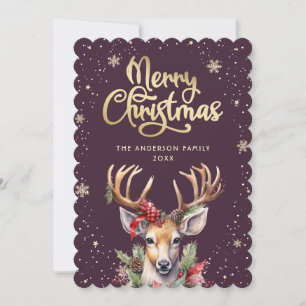 Carte de Noël Cerf Aquarelle Or Pourpre