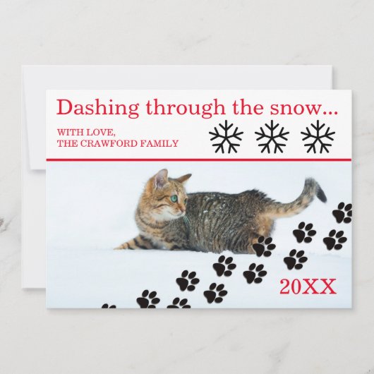 Carte de Noël - Chat se précipitant dans la neige (Devant)