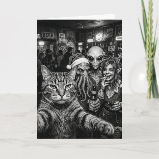 Carte de Noël Chat Selfie Bigfoot Alien (Devant)
