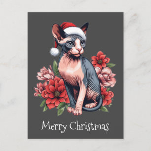 Carte de Noël Chat Sphynx portant un chapeau de