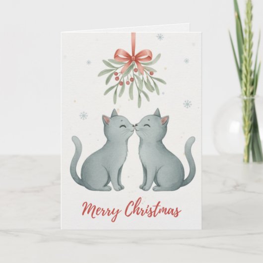 Carte de Noël Chatons qui s'embrassent sous le Gui (Devant)