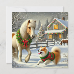 Carte de Noël Cheval et Chien Islandais