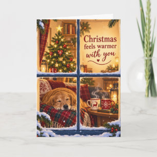 Carte de Noël chien et arbre à la fenêtre cosy