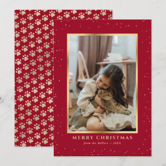 Carte de Noël Chien Pattes Neige Photo Or Rouge