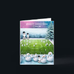 Carte de Noël Coach Snowmen<br><div class="desc">Un joli design hivernal pour l'entraîneur de football, un terrain de football de bonhomme de neige et de nombreux fans de bonhomme de neige debout autour de applaudir. Un ciel coloré rose et bleu accentue l'arrière - plan. Customisez comme vous le souhaitez. Un design de vacances amusant pour les amateurs...</div>