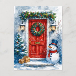 Carte de Noël Cozy Red Door avec Bonhomme de Neige