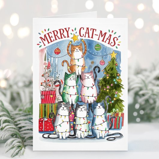 Carte de Noël Cute Aquarelle Merry Cat-Mas Cats