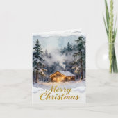 Carte de Noël de cabane enneigée à l'aquarelle – H (Devant)