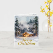 Carte de Noël de cabane enneigée à l'aquarelle – H (Fleur jaune)