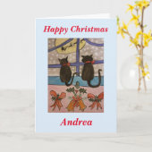 Carte de Noël de chat noir (Fleur jaune)