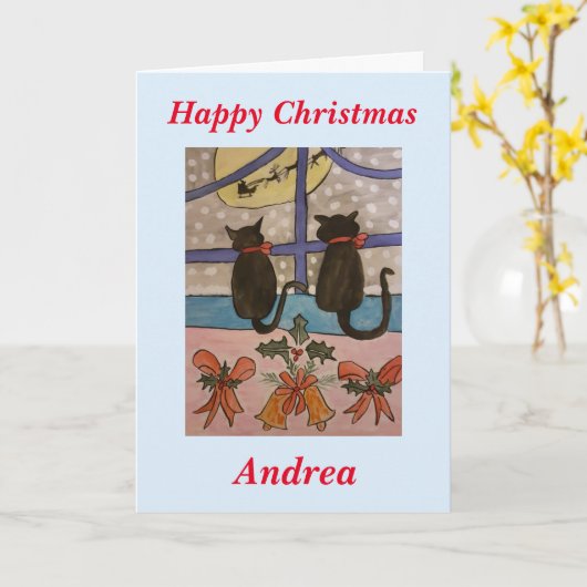 Carte de Noël de chat noir (Fleur jaune)