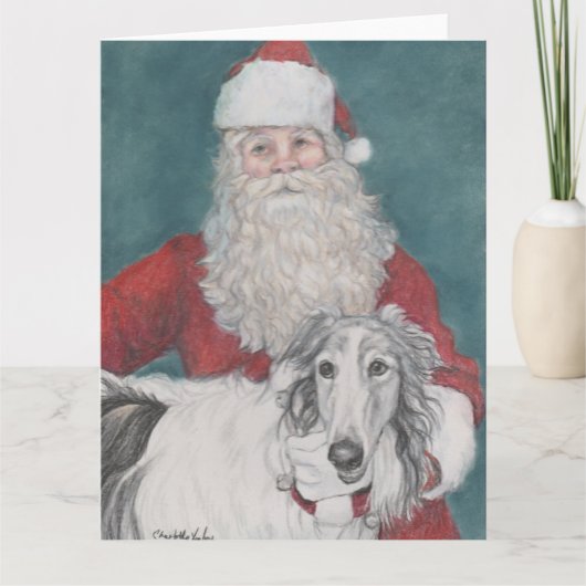 Carte de Noël de Chien de Borzoi et Père Noël (Devant)