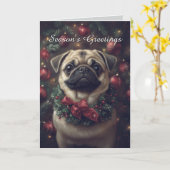 Carte de Noël de chien de Carlin adorable (Fleur jaune)