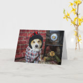 Carte de Noël de corgi de poêle à bois (Fleur jaune)