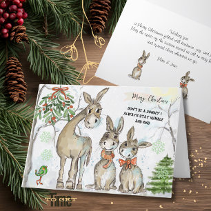 Carte de Noël de famille d'ânes humble et nature