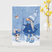 Carte de Noël de gnome de lapin de ski (Fleur jaune)
