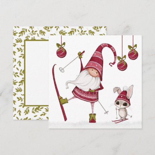 Carte de Noël de gnome de ski et de lapin de Noël (Devant / Derrière)