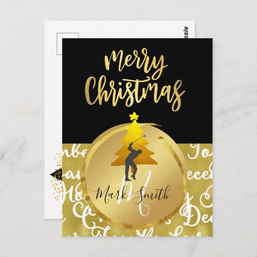 Carte de Noël de golf thème noir et or (Devant / Derrière)