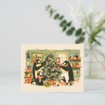 Carte de Noël de la famille de pingouins décorant 
