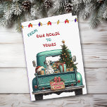 Carte de Noël de la ferme de chiens dalmate<br><div class="desc">Un pick-up bleu turquoise porte un arbre de Noël décoré et des paquets cadeaux sur le devant de cette jolie carte de Noël. Un chien dalmate regarde depuis la porte arrière. Un panneau en bois rustique sur le pare-chocs arrière dit "Cheer de Noël". En haut de la carte se trouve...</div>