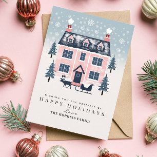 Carte de Noël de la maison de Pâque Rose rustique