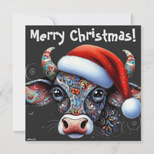Carte de Noël de la vache avec chapeau de Noël