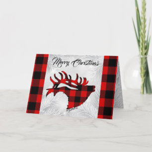 Carte de Noël de l'élan mâle à carreaux rouge et n