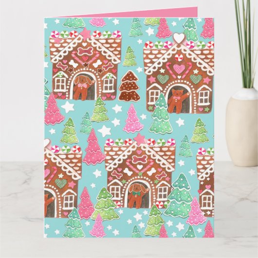 Carte de Noël de maison en pain d'épices avec chat (Devant)