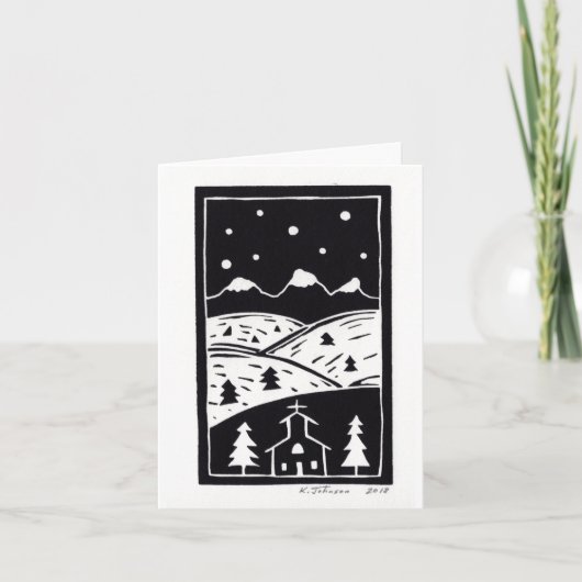 Carte de Noël de montagne en linogravure (Devant)