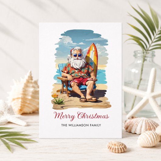 Carte de Noël de plage de Santa surfeur