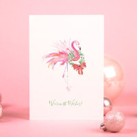 Carte de Noël de plage Flamant Rose avec Couronne