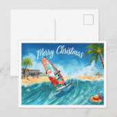 Carte de Noël de plage Santa Windsurfing (Devant / Derrière)