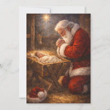Carte de Noël de Santa agenouillé près de la crèch