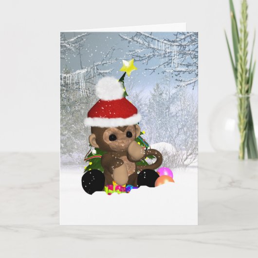 Carte de Noël de singe, mignon singe en neige (Devant)