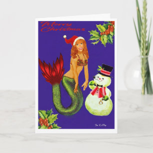 Carte de Noël de sirène avec Santa Hat et Snowman